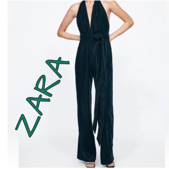 NWT ZARA VELVET GREEN SZ Large HALTER JUMPSUIT (99.00) - Picture 1 of 11